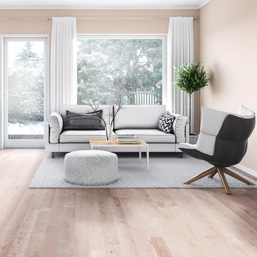 Elegantes und modernes Wohnzimmer mit Designboden in heller Holz Optik
